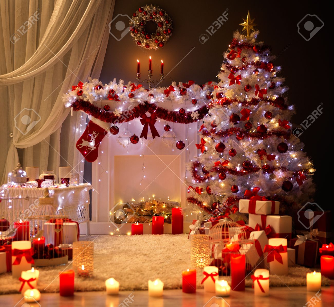 クリスマスインテリア, Xmas Tree Fireplace Light, Decorated Home Room